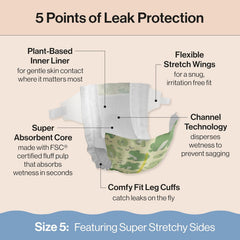 The Honest Company Clean Conscious Diapers®, Up to 100% Leak Protection, Designed to Protect Delicate Skin, Hypoallergenic + Fragrance-Free, UR Ribbiting + Waddle It Be, Club Box, Size 5, 44 Count