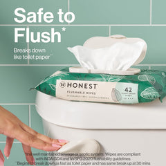 The Honest Company Flushable Wipes for Sensitive Skin | Fragrance Free, Hypoallergenic, 99% Water, Safe to Flush | pH Balanced Feminine Wipes | Tropical Leaves + Gilded Wings, 84 Count (2 Packs of 42)