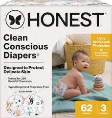 The Honest Company Comfort Dry Disposable Daytime Diapers, Hypoallergenic, Fragrance-Free, Sensitive Skin, Space Travel + It's a Pawty, Club Box Size 3 (16–28 lbs), 62 Count