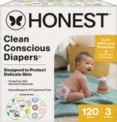 The Honest Company Comfort Dry Disposable Daytime Diapers for Sensitive Skin, Hypoallergenic, Barnyard Babies + Donut Grow Up, Super Club Box Size 3 (16–28 lbs), 120 Count