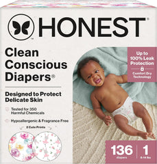 The Honest Company Comfort Dry Disposable Daytime Diapers for Sensitive Skin, Hypoallergenic, Rose Blossom + Tutu Cute, Super Club Box Size 1 (8–14 lbs), 136 Count