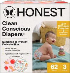 The Honest Company Comfort Dry Disposable Daytime Diapers for Sensitive Skin, Hypoallergenic, Fragrance-Free, Just Peachy + Flower Power, Club Box, Size 3 (16-28 lbs), 62 Count