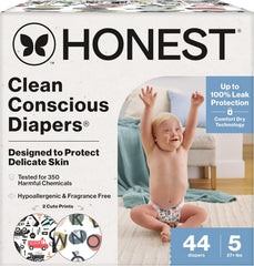 The Honest Company Comfort Dry Disposable Daytime Diapers, Hypoallergenic, Fragrance-Free, Sensitive Skin, Big Trucks + All the Letters, Club Box Size 5 (27+ lbs), 44 Count