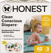 The Honest Company Comfort Dry Disposable Daytime Diapers for Sensitive Skin, Hypoallergenic, Fragrance-Free, Fall '25 Seasonal Prints, Club Box, Size 3 (16-28 lbs), 62 Count