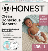 The Honest Company Comfort Dry Disposable Daytime Diapers for Sensitive Skin, Hypoallergenic, Above It All + Pattern Play, Super Club Box Size 1 (8–14 lbs) 136