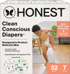 The Honest Company Comfort Dry Disposable Daytime Diapers for Sensitive Skin, Hypoallergenic, Fragrance-Free, Barnyard Babies + Pattern Play, Club Box, Size 7 (41 lbs), 32 Count