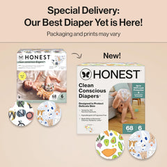 The Honest Company Comfort Dry Disposable Daytime Diapers for Sensitive Skin, Hypoallergenic, Fragrance-Free, So Delish + It's a Pawty, Super Club Box, Size 6 (35 lbs), 68 Count