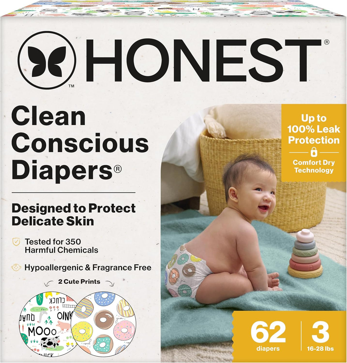 The Honest Company Comfort Dry Disposable Daytime Diapers for Sensitive Skin, Hypoallergenic, Fragrance-Free, Barnyard Babies + Donut Grow Up, Club Box, Size 3 (16-28 lbs), 62 Count