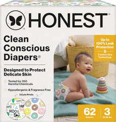 The Honest Company Comfort Dry Disposable Daytime Diapers for Sensitive Skin, Hypoallergenic, Fragrance-Free, Barnyard Babies + Donut Grow Up, Club Box, Size 3 (16-28 lbs), 62 Count