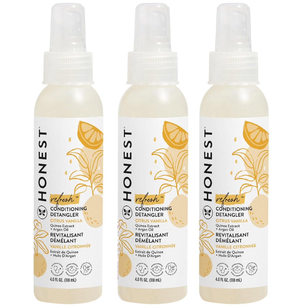 The Honest Company Conditioning Hair Detangler 3-Pack Leave-in Conditioner and Fortifying Spray, Tear Free Cruelty-Free, Hypoallergenic, Citrus Vanilla Refresh, 4 fl oz, pack of 3