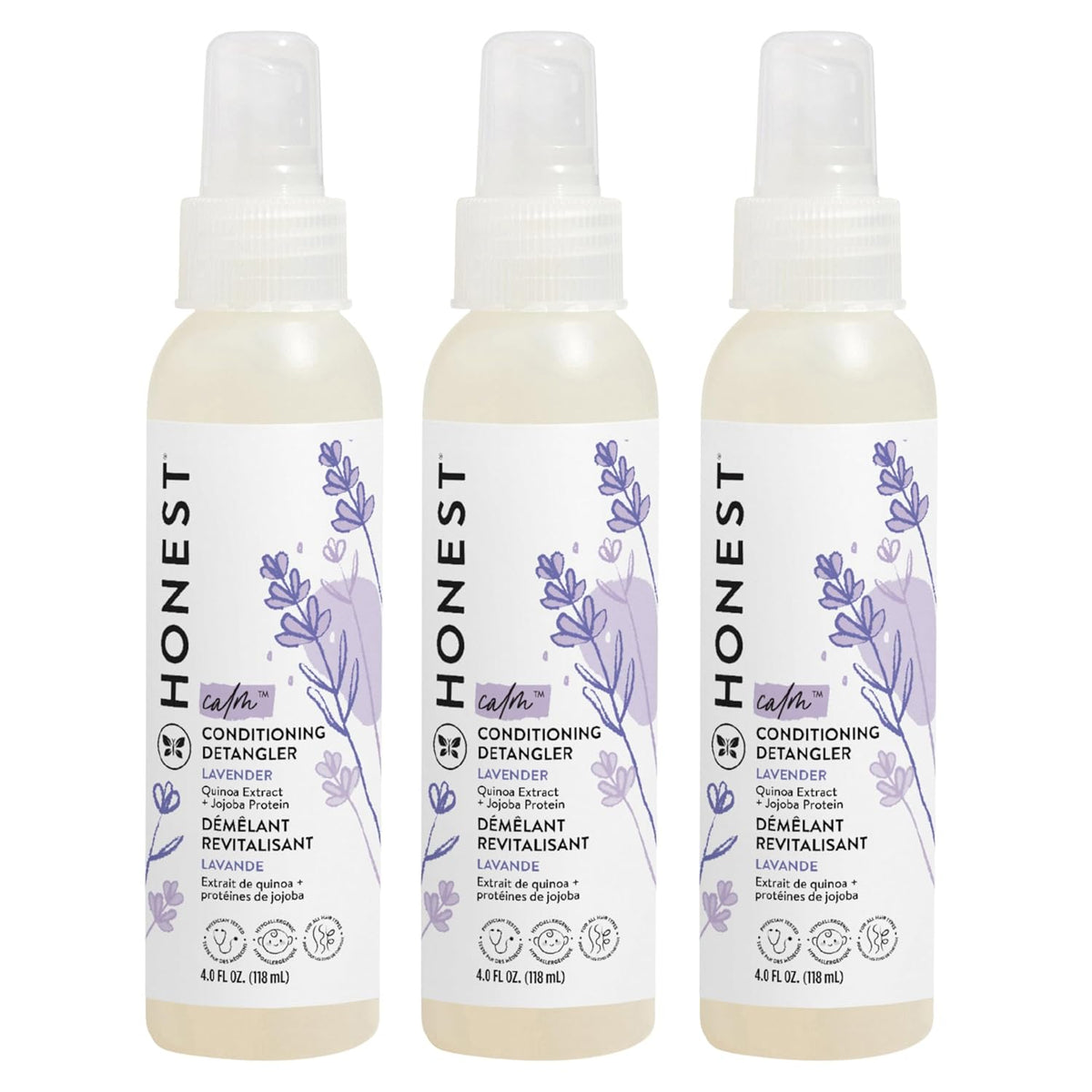 The Honest Company Conditioning Hair Detangler, Leave-In Conditioner and Fortifying Spray, Tear Free, Cruelty-Free, Hypoallergenic, Lavender Calm, 4 Fl Oz (Pack of 3)