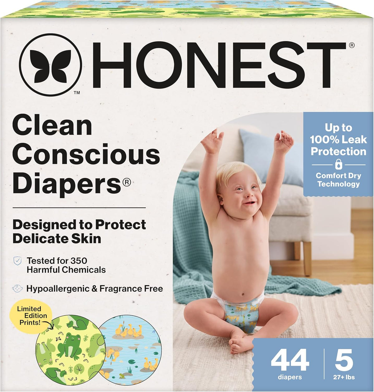 The Honest Company Clean Conscious Diapers®, Up to 100% Leak Protection, Designed to Protect Delicate Skin, Hypoallergenic + Fragrance-Free, UR Ribbiting + Waddle It Be, Club Box, Size 5, 44 Count