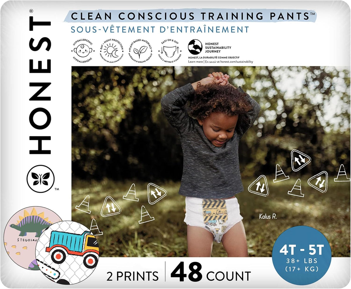 The Honest Company Clean Conscious Training Pants for Sensitive Skin, Hypoallergenic, Fragrance-Free, Rompin' & Stompin' Diggin' It, Size 4T/5T (38 lbs), 48 Count