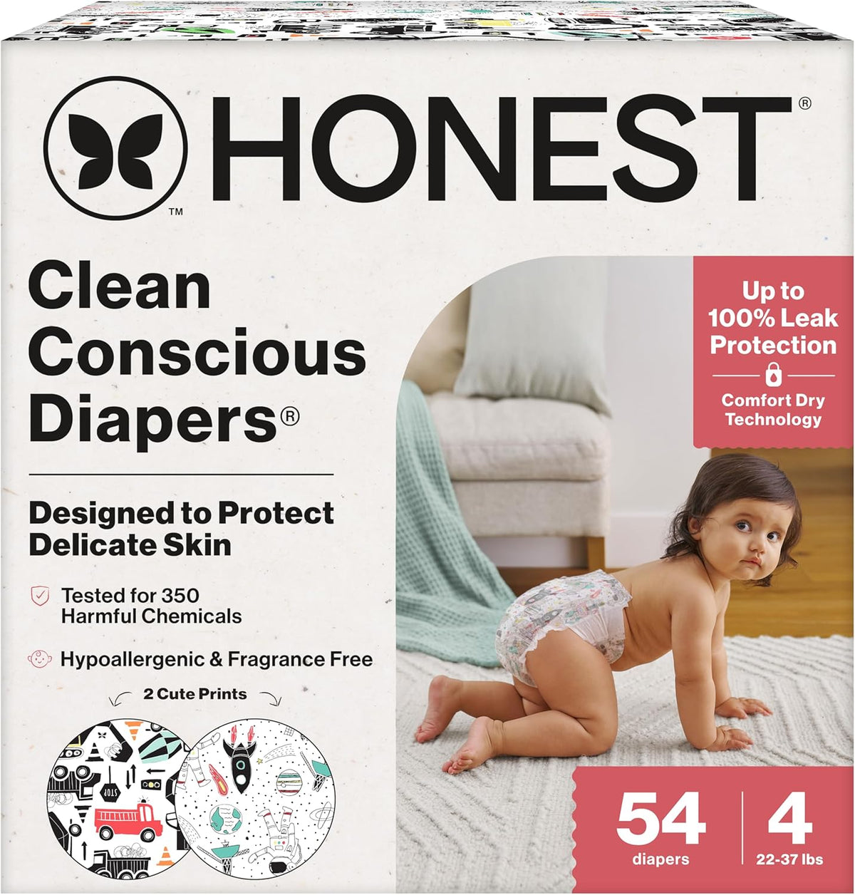 The Honest Company Comfort Dry Disposable Daytime Diapers for Sensitive Skin, Hypoallergenic, Fragrance-Free, Space Travel + Big Trucks, Club Box, Size 4 (22-37 lbs), 54 Count