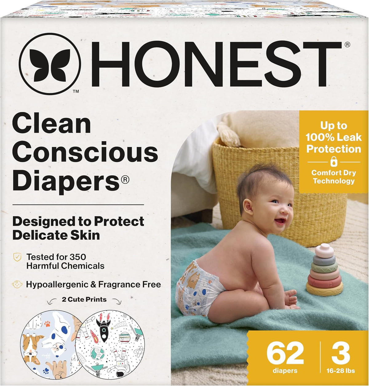 The Honest Company Comfort Dry Disposable Daytime Diapers, Hypoallergenic, Fragrance-Free, Sensitive Skin, Space Travel + It's a Pawty, Club Box Size 3 (16–28 lbs), 62 Count