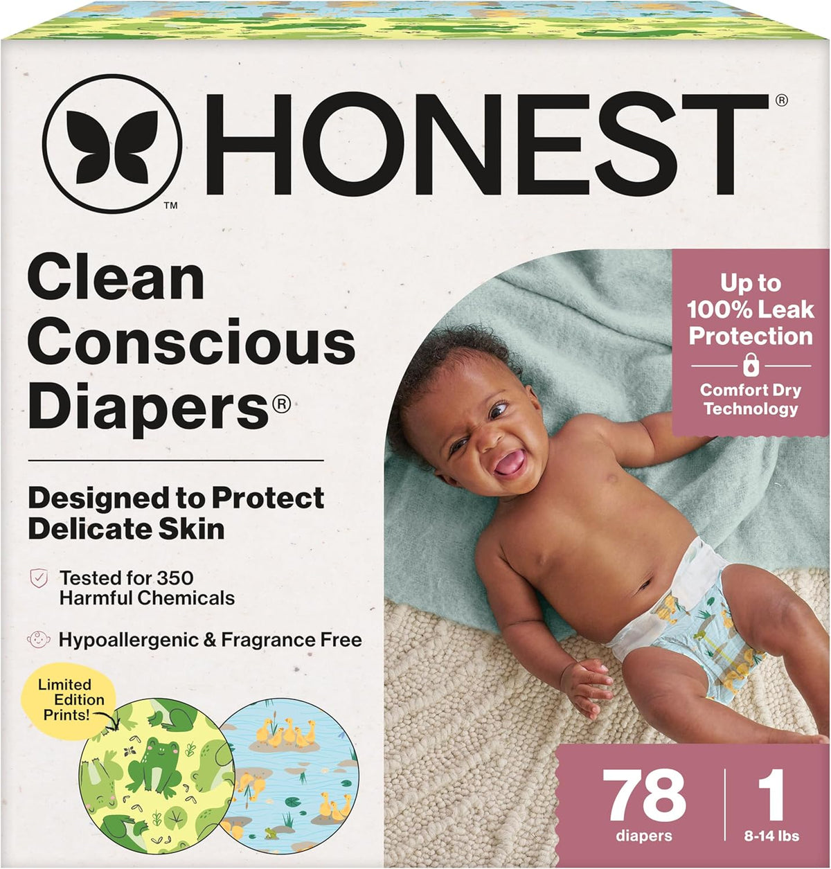 The Honest Company Clean Conscious Diapers®, Up to 100% Leak Protection, Designed to Protect Delicate Skin, Hypoallergenic + Fragrance-Free, UR Ribbiting + Waddle It Be, Club Box, Size 1, 78 Count