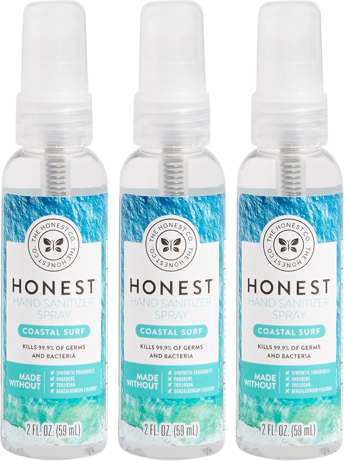 The Honest Company Plant-Based Hand Sanitizer Spray | Kills 99.9% of Germs | Hypoallergenic, Quick-drying + Moisturizing | Coastal Surf, 2 fl oz each (pack of 3)