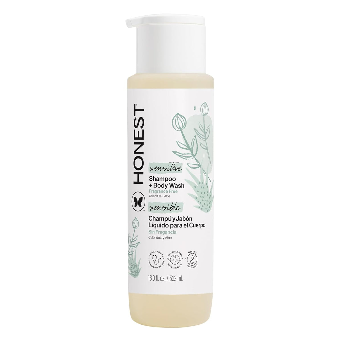 The Honest Company 2-in-1 Baby Shampoo & Body Wash, Fragrance-Free, Gentle, Tear-Free, Hypoallergenic, Naturally Derived, Sensitive Skin, 18 fl oz