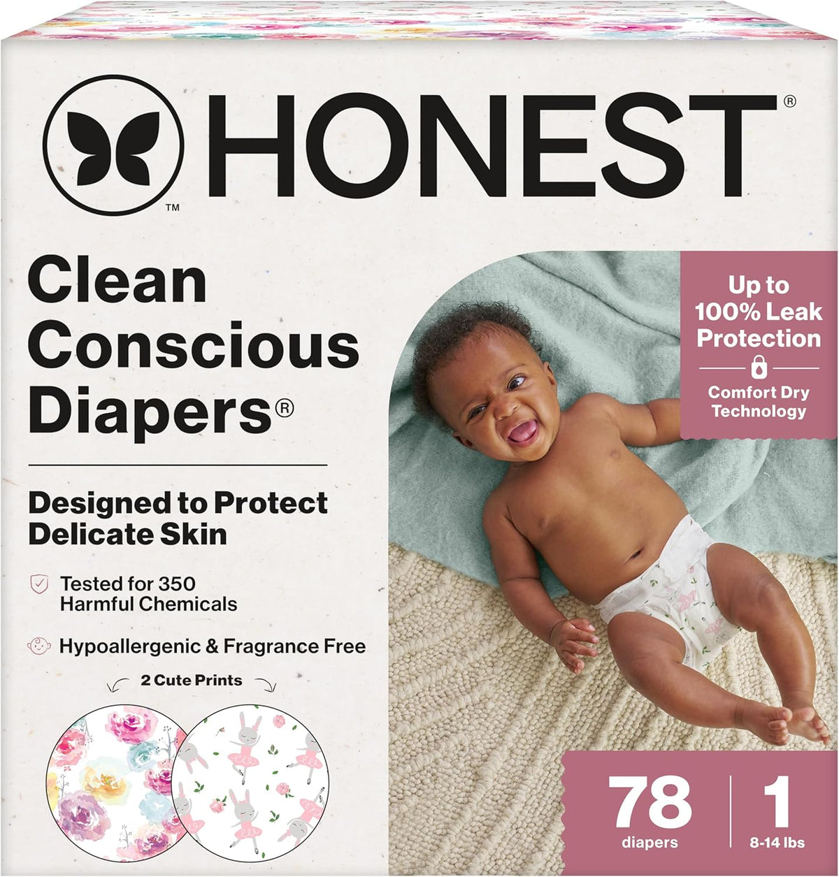 The Honest Company Comfort Dry Disposable Daytime Diapers for Sensitive Skin, Hypoallergenic, Rose Blossom + Tutu Cute, Club Box Size 1 (8–14 lbs), 78 Count