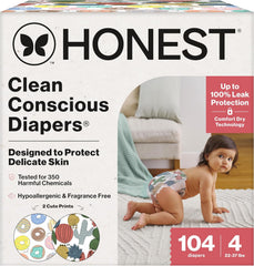 The Honest Company Comfort Dry Disposable Daytime Diapers for Sensitive Skin, Hypoallergenic, Fragrance-Free, Donut Grow Up + Cactus Cuties, Super Club Box, Size 4 (22-37 lbs), 104 Count